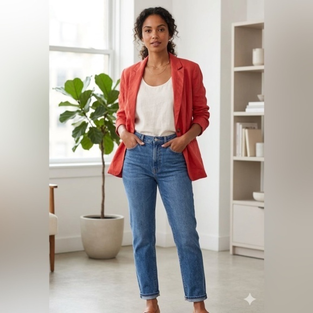 Evereve Women’s Large Brandi Blazer Red Coral Linen Blend Jacket L